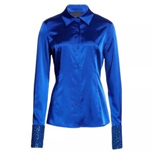 NWT Le Superbe Orbital Cobalt Seamed Satin Blouse Stone Cuffs
Size 4 Reg. $495